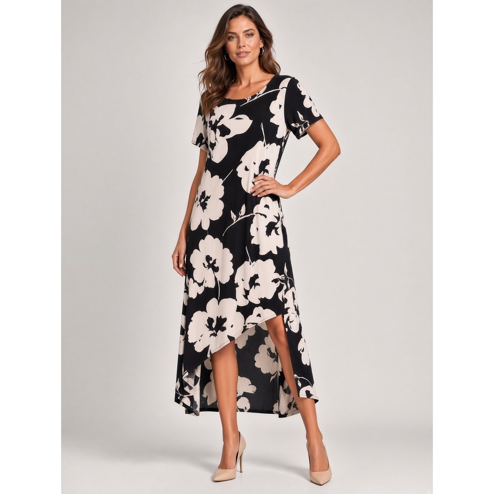 Travelers by Chicos Floral High Low Maxi Dress Black Cream Size 2 Large Cruise